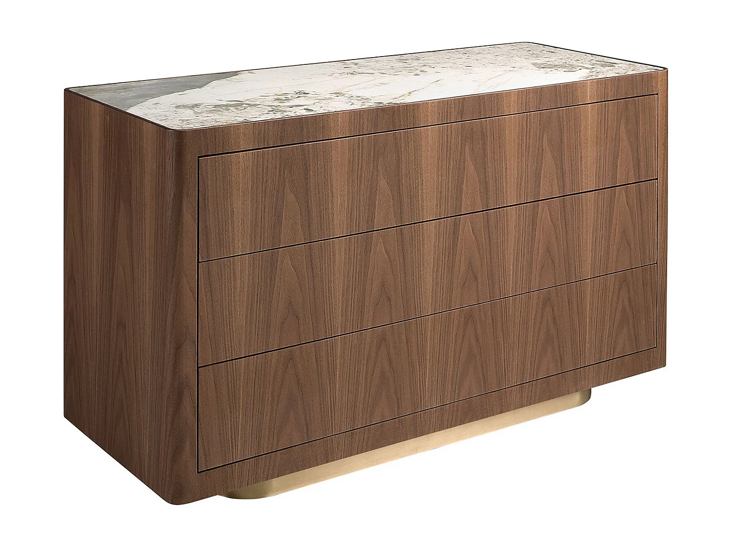 Commode en noyer, acier poli doré et plateau en marbre céramique