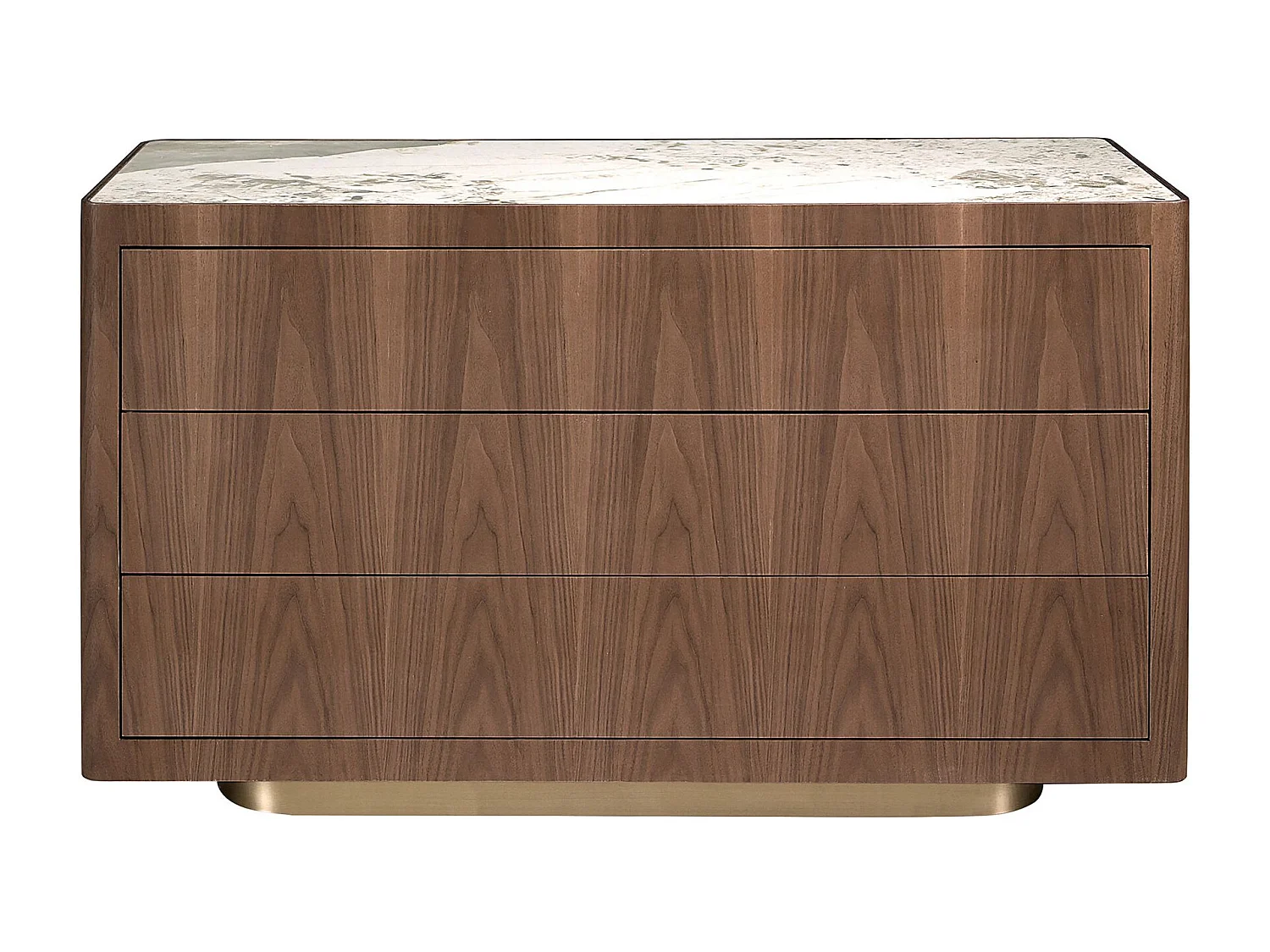 Commode en noyer, acier poli doré et plateau en marbre céramique