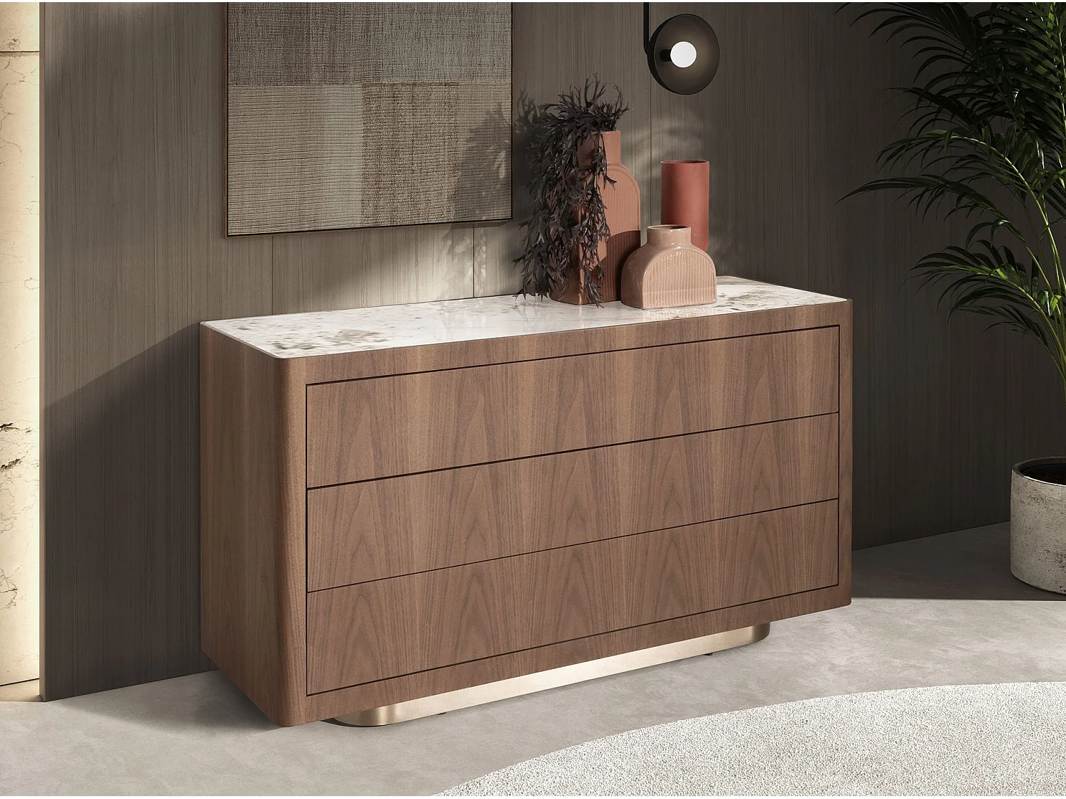 Commode en noyer, acier poli doré et plateau en marbre céramique