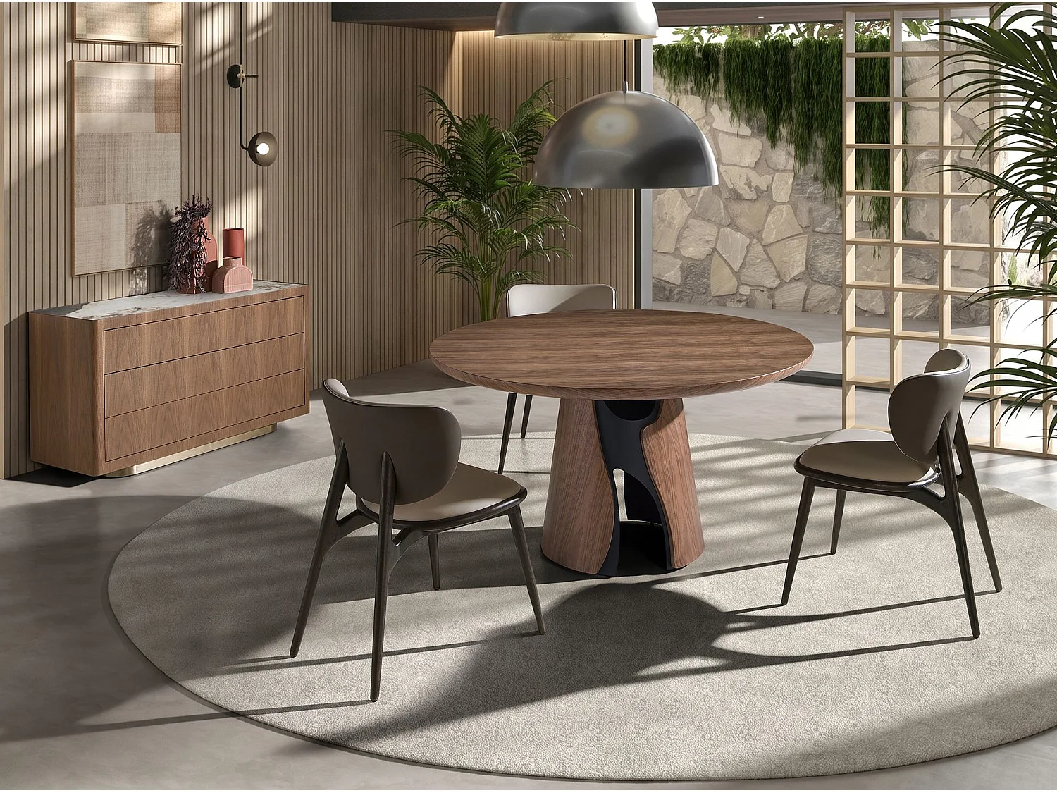 Commode en noyer, acier poli doré et plateau en marbre céramique