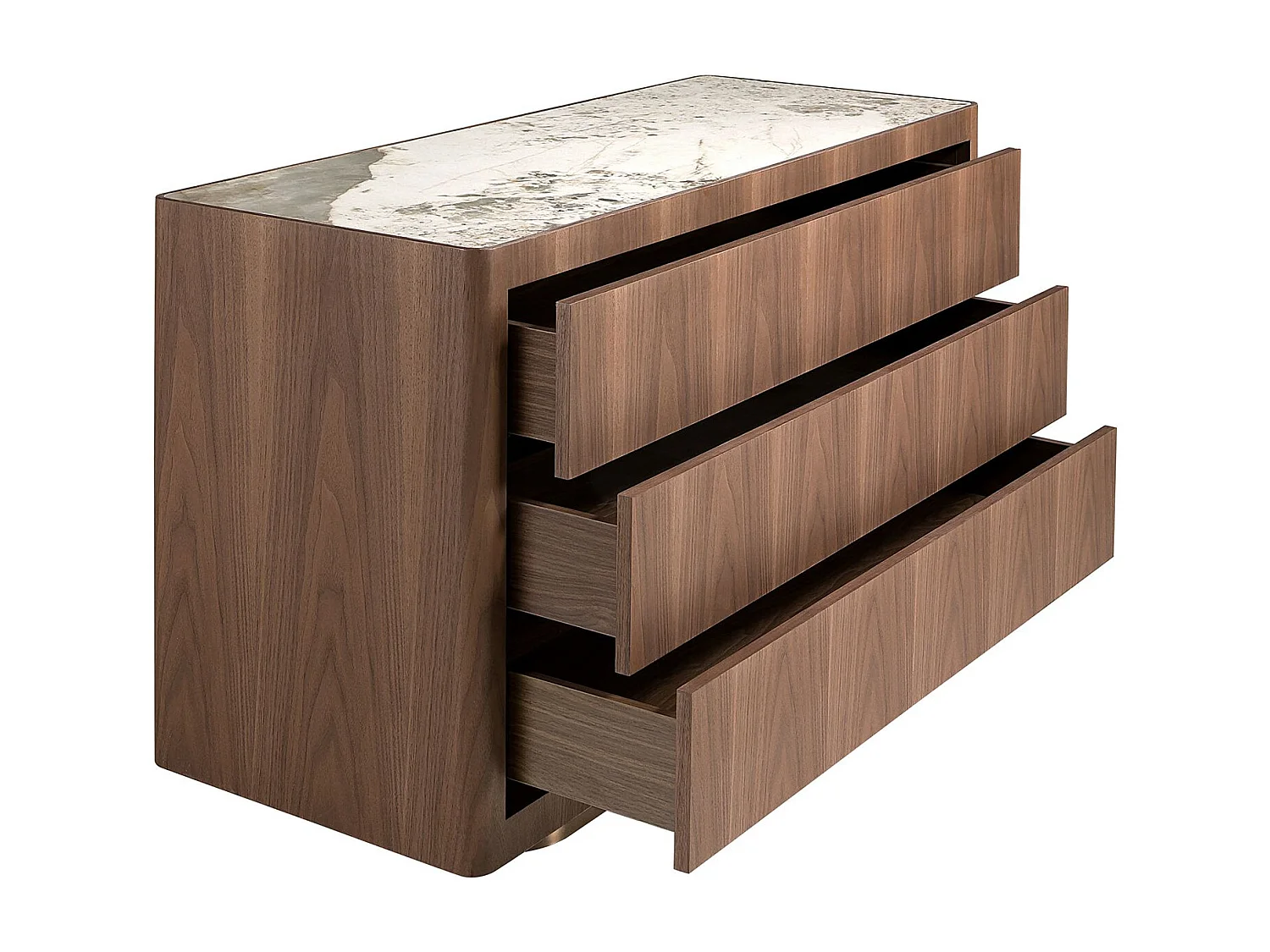 Commode en noyer, acier poli doré et plateau en marbre céramique