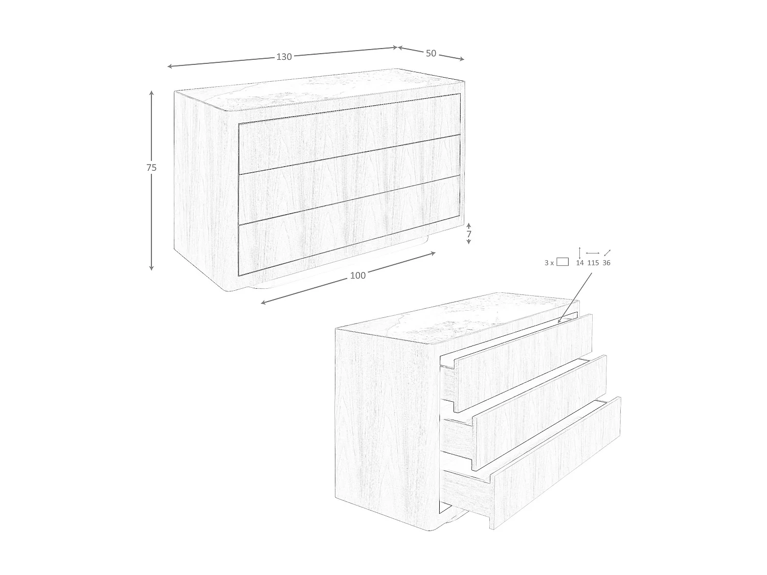 Commode en noyer, acier poli doré et plateau en marbre céramique