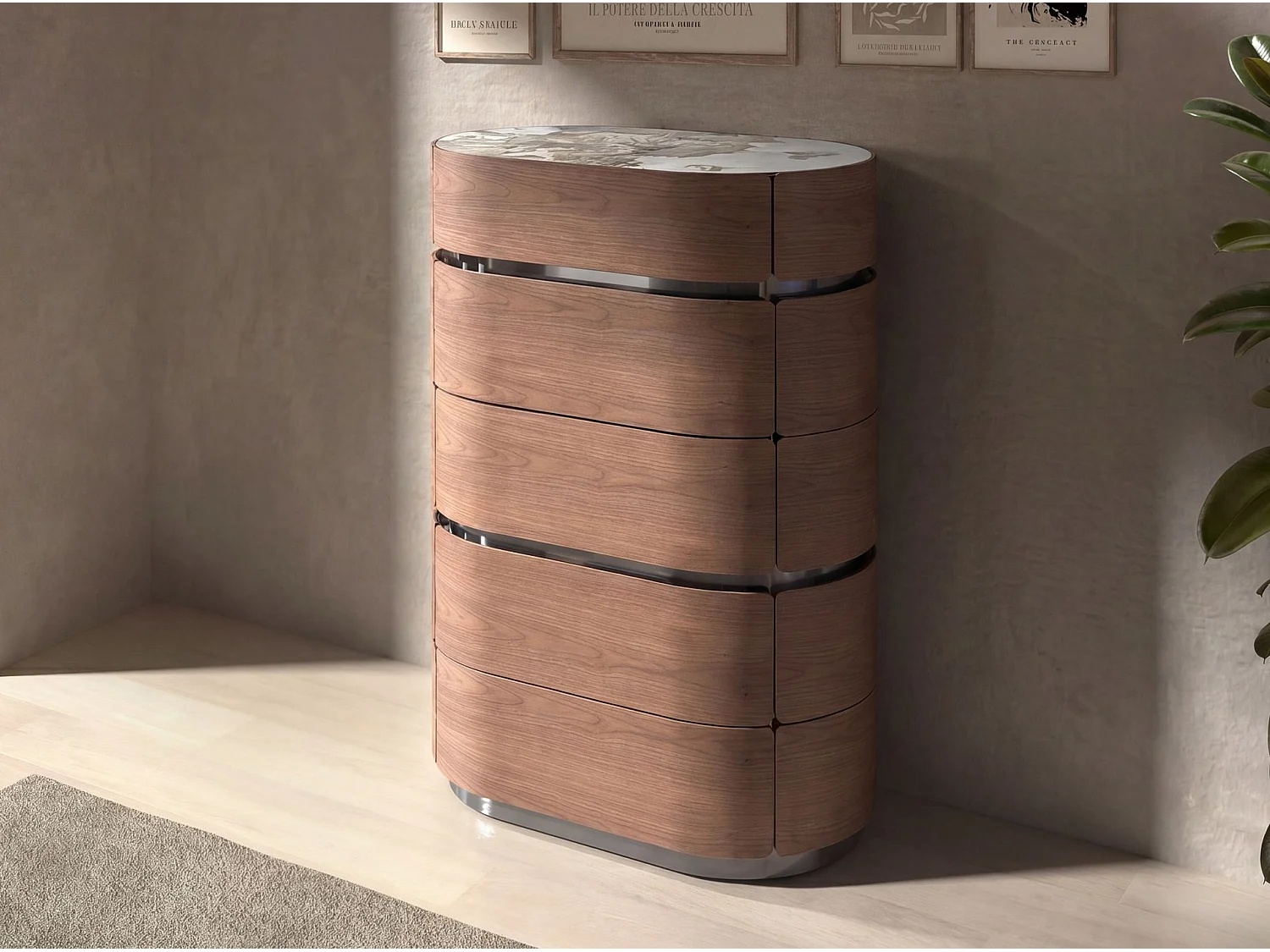 Chiffonnier en noyer avec base en acier foncé et plateau en marbre céramique