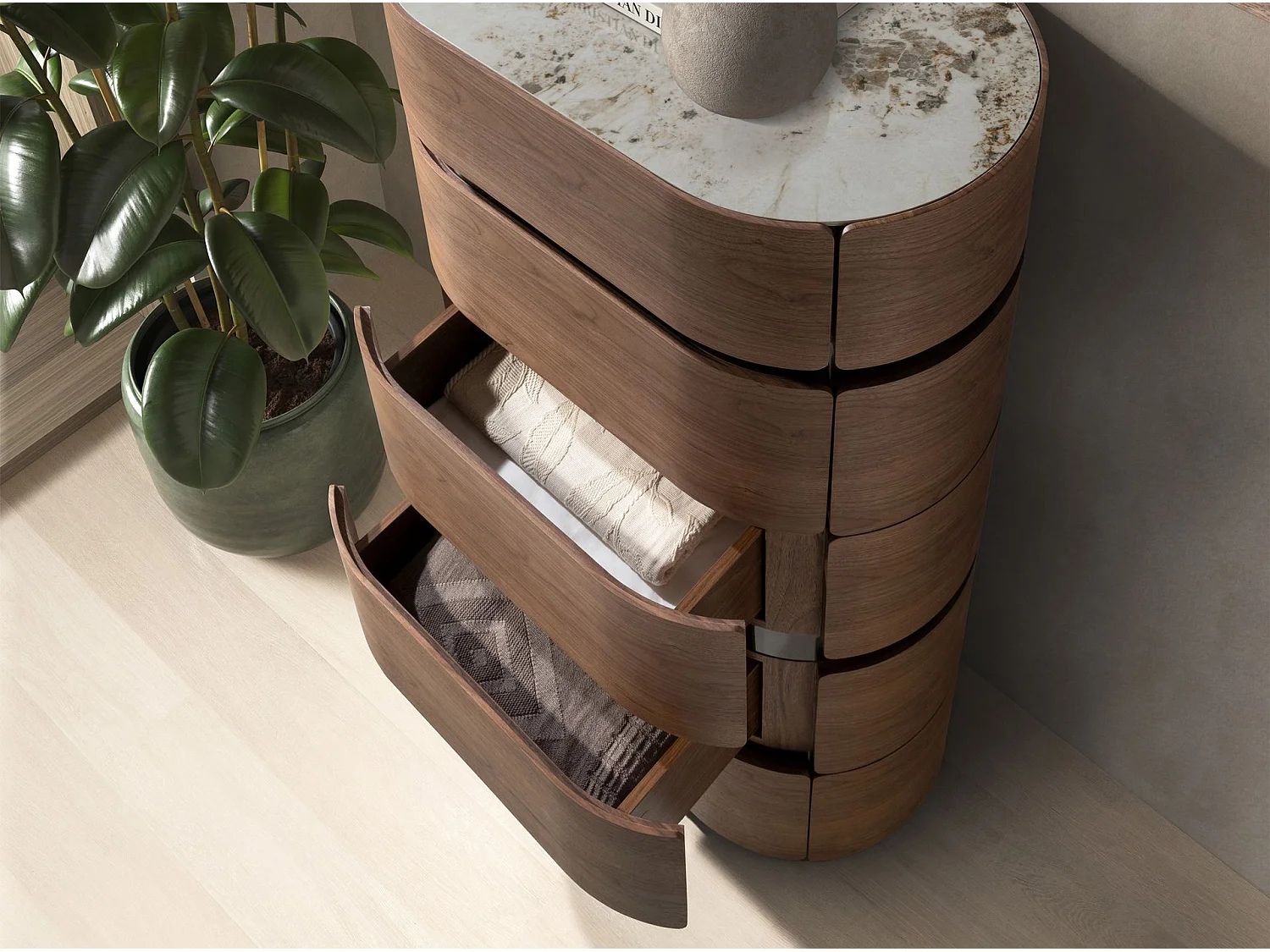 Chiffonnier en noyer avec base en acier foncé et plateau en marbre céramique