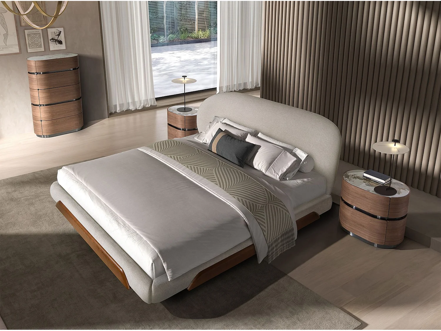 Chiffonnier en noyer avec base en acier foncé et plateau en marbre céramique
