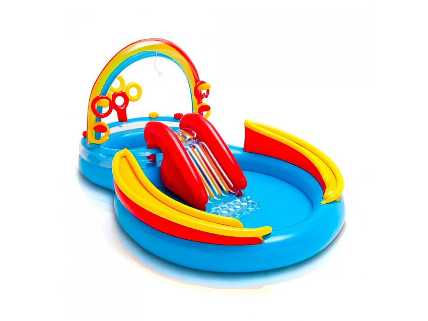 Piscina Insuflável para Crianças Intex Rainbow Ring com Escorrega, Rociador de Água, Argolas, Bolas - 297 x 193 x 135cm