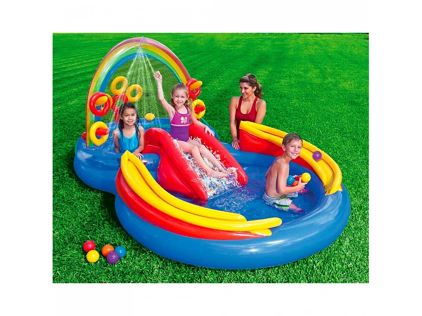Piscina Insuflável para Crianças Intex Rainbow Ring com Escorrega, Rociador de Água, Argolas, Bolas - 297 x 193 x 135cm