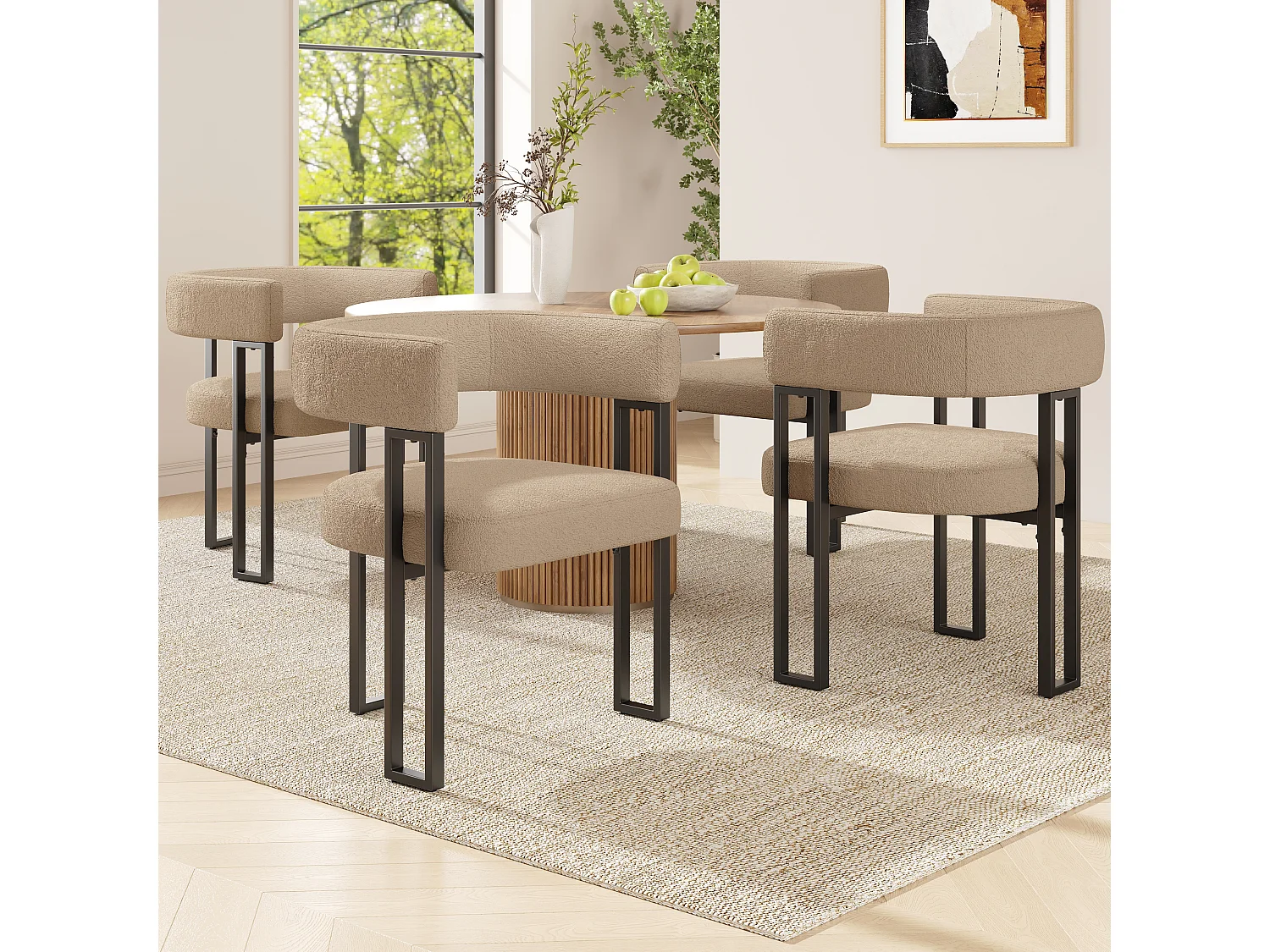 Set of 4 dining chairs - 54 x 51.5 x 72 cm - curved backrest - fabric + metal - brown