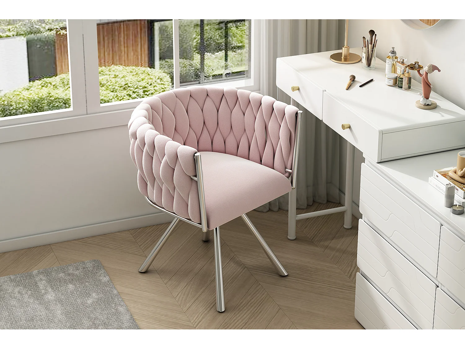 Velvet dressing chair - 59 x 54 x 72 cm - luxury swivel chair - 4 metal legs - pink