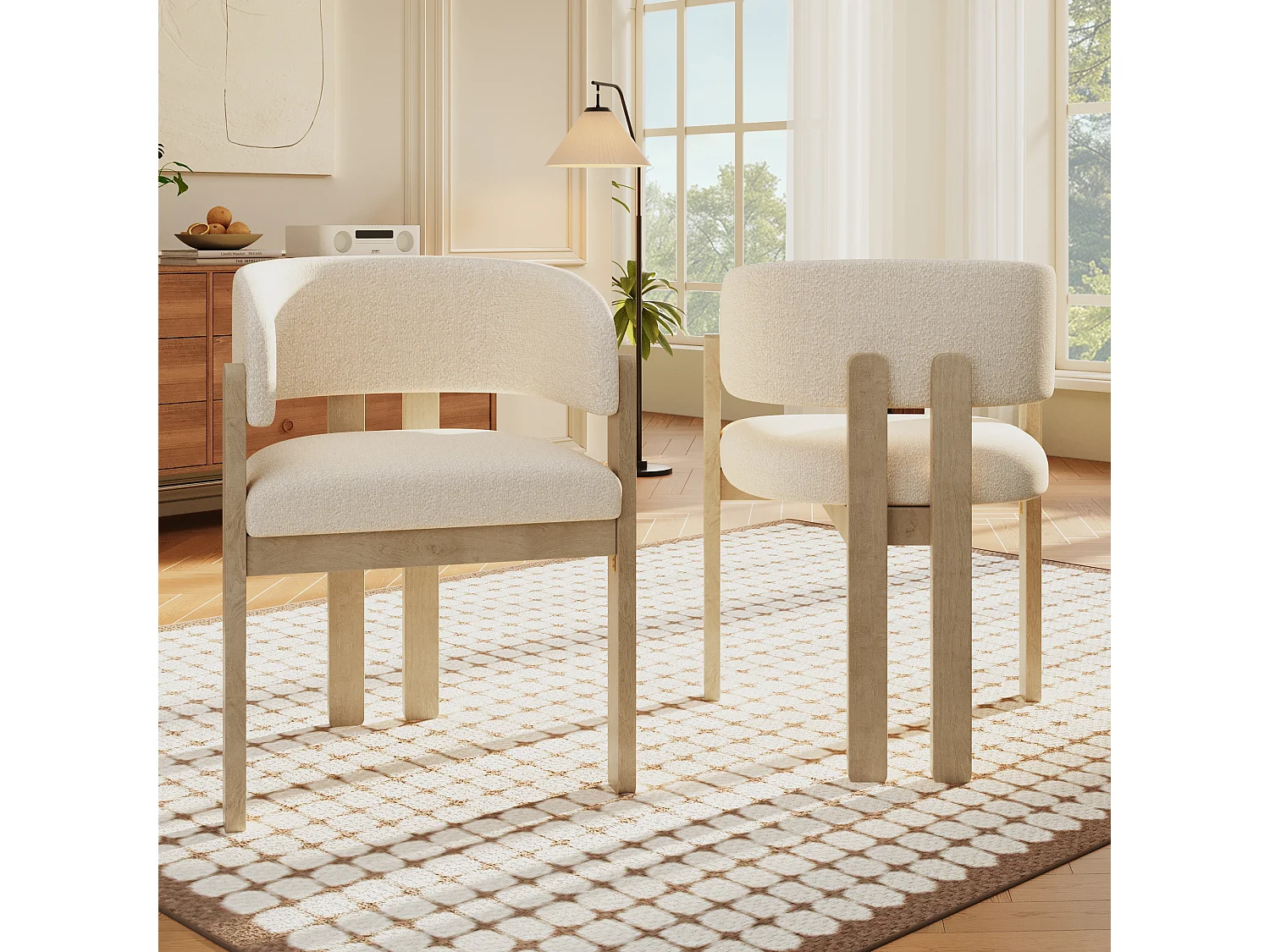 Set of 6 solid wood dining chairs - 60 x 51 x 80 cm - curved backrest - looped upholstery - natural