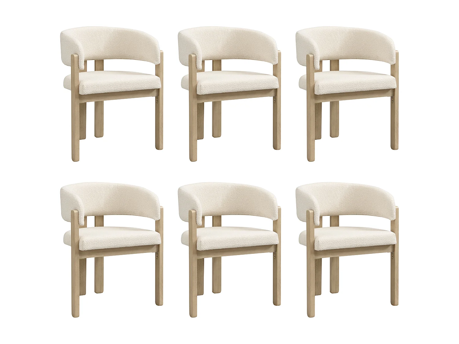 Set of 6 solid wood dining chairs - 60 x 51 x 80 cm - curved backrest - looped upholstery - natural