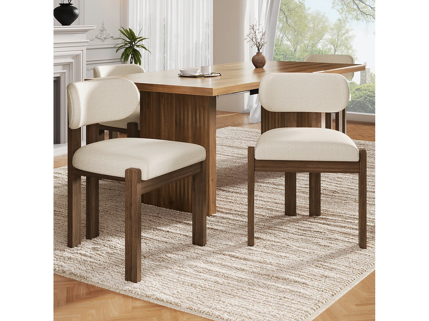 Set of 6 solid wood dining chairs - 54 x 54 x 79 cm - Modern style - curly finish - beige + brown