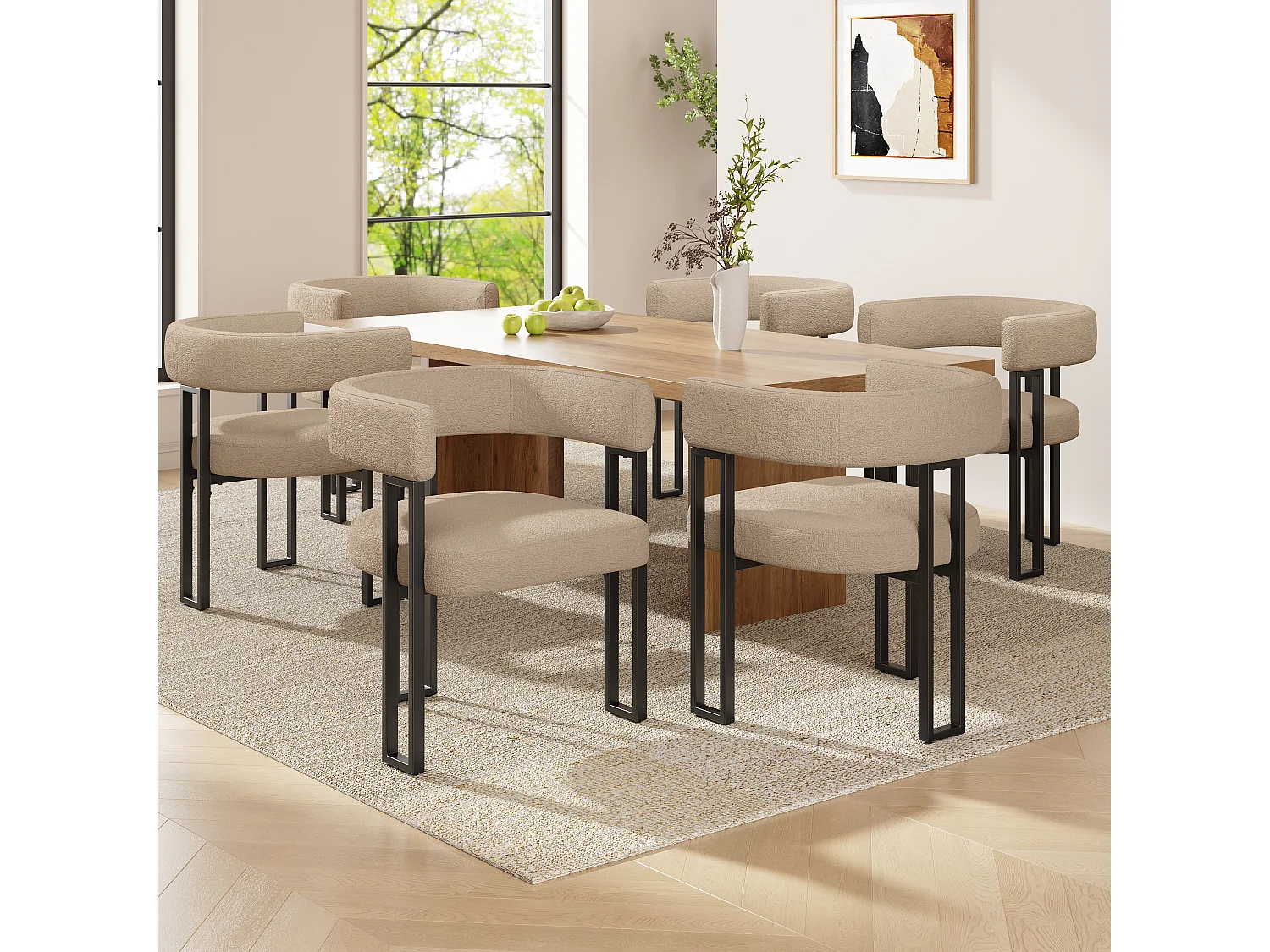Set of 6 dining chairs - 54 x 51.5 x 72 cm - curved backrest - fabric + metal - brown