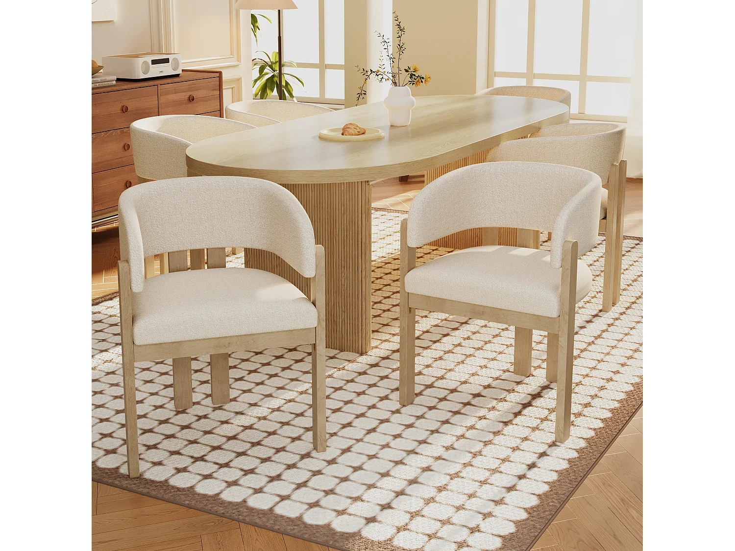 Set of 2 solid wood dining chairs - 60 x 51 x 80 cm - curved backrest - looped upholstery - natural