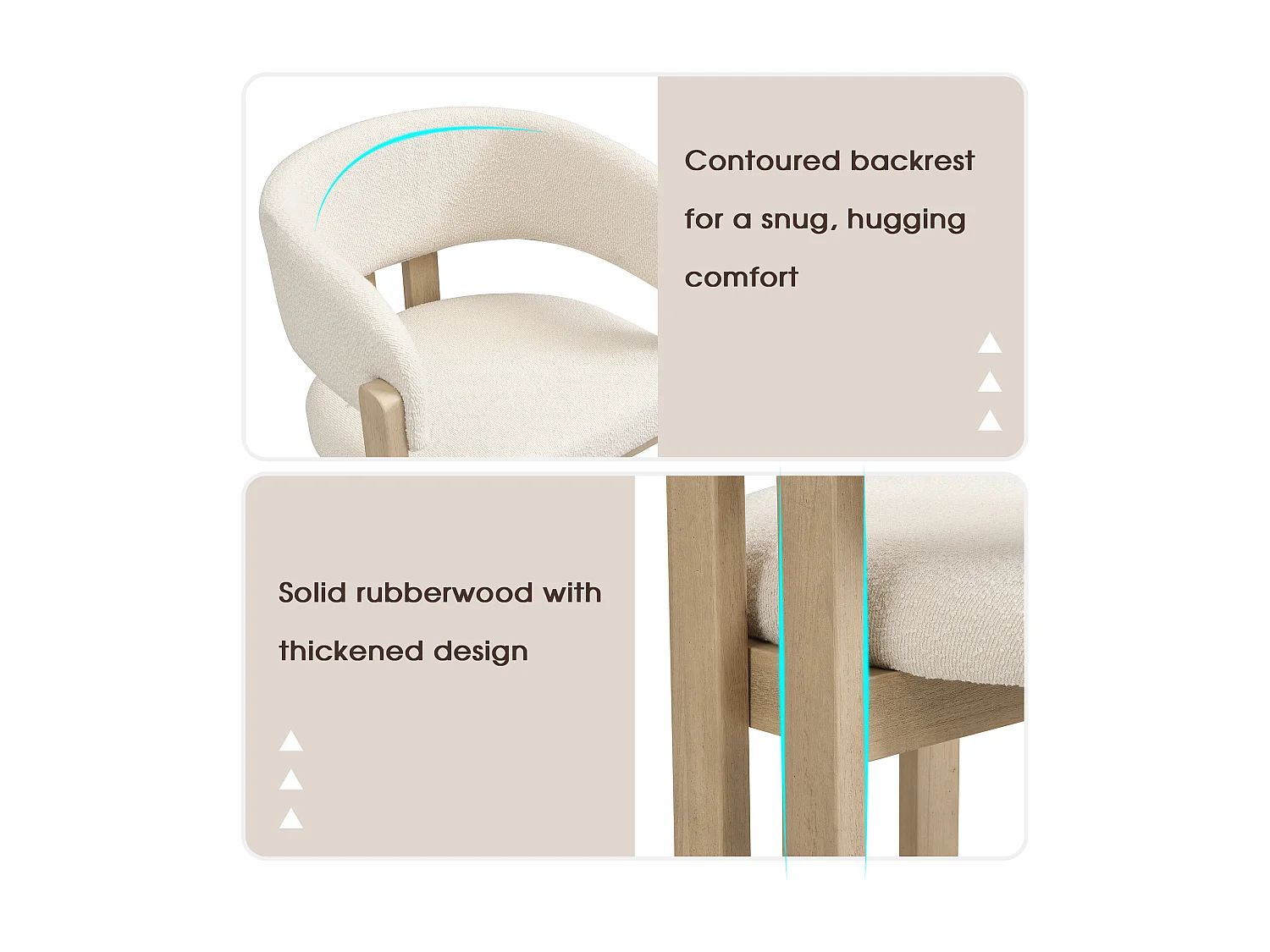 Set of 2 solid wood dining chairs - 60 x 51 x 80 cm - curved backrest - looped upholstery - natural