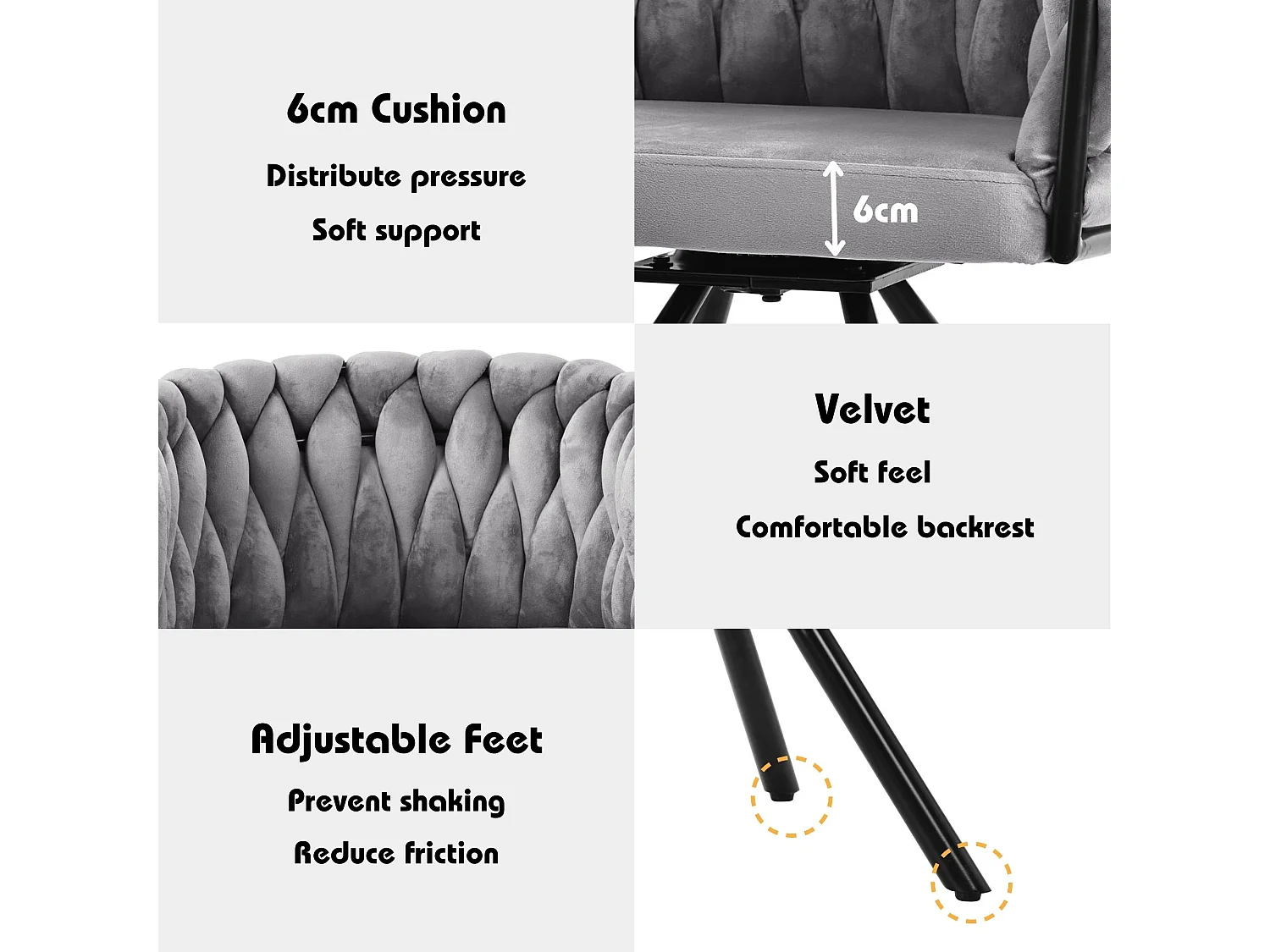 Set of 6 swivel velvet chairs - 59 x 54 x 72 cm - with 4 metal legs - grey