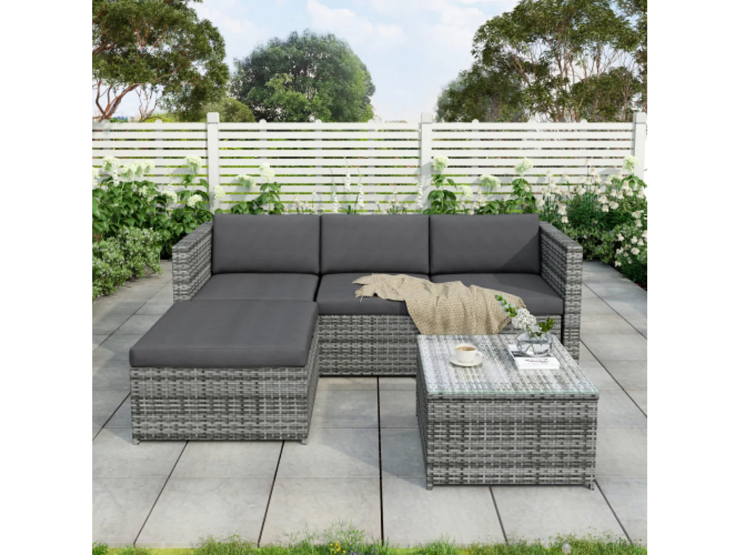 4-seater corner rattan garden lounge set - with 1 coffee table - Iron + Waterproof fabric - grey