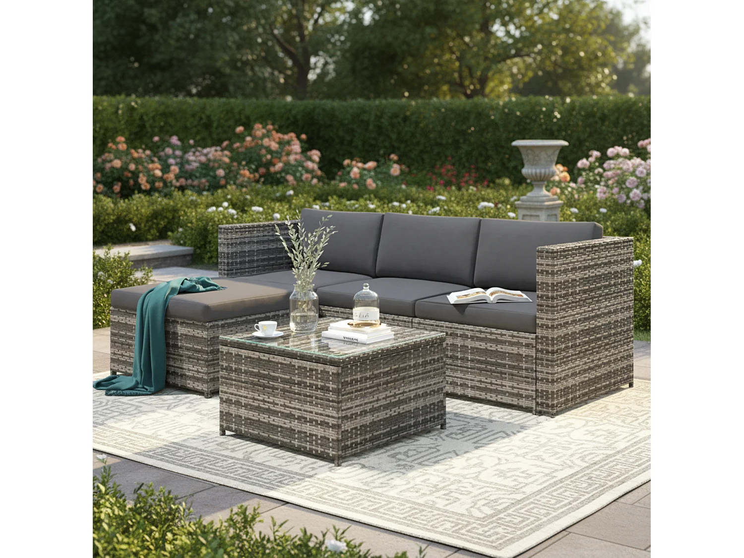 4-seater corner rattan garden lounge set - with 1 coffee table - Iron + Waterproof fabric - grey