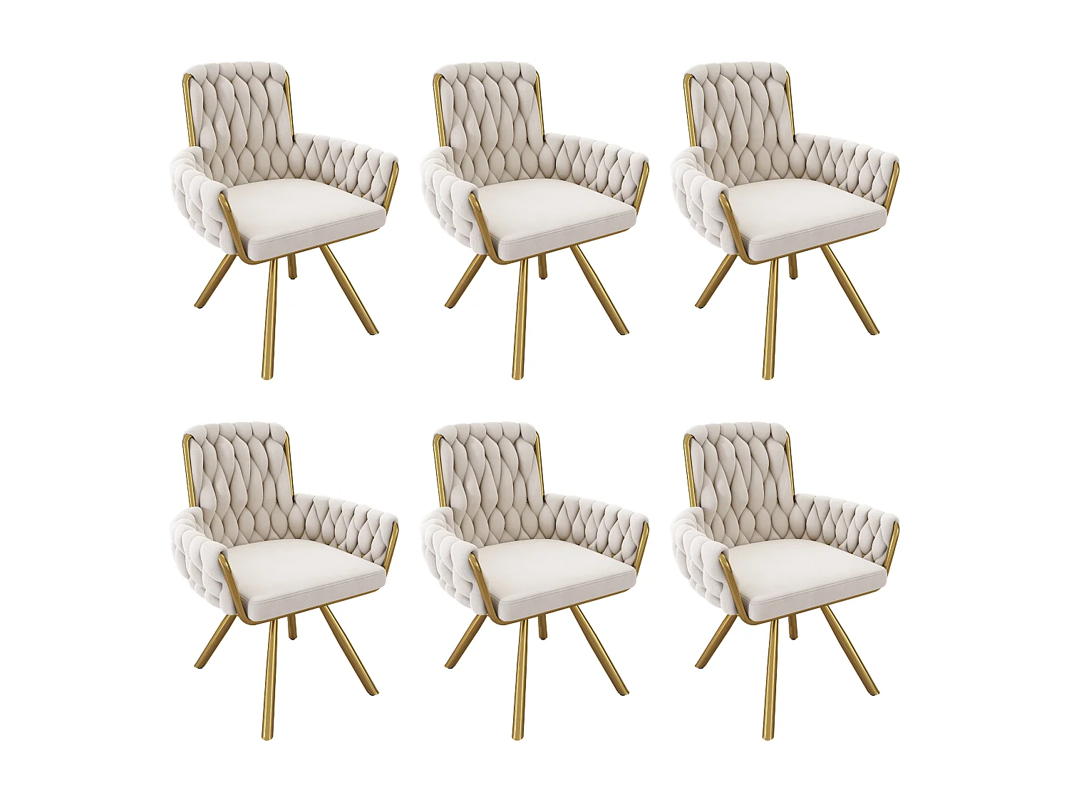 Set of 6 swivel velvet chairs - 63 x 50 x 87 cm - armchair with 4 metal legs - beige