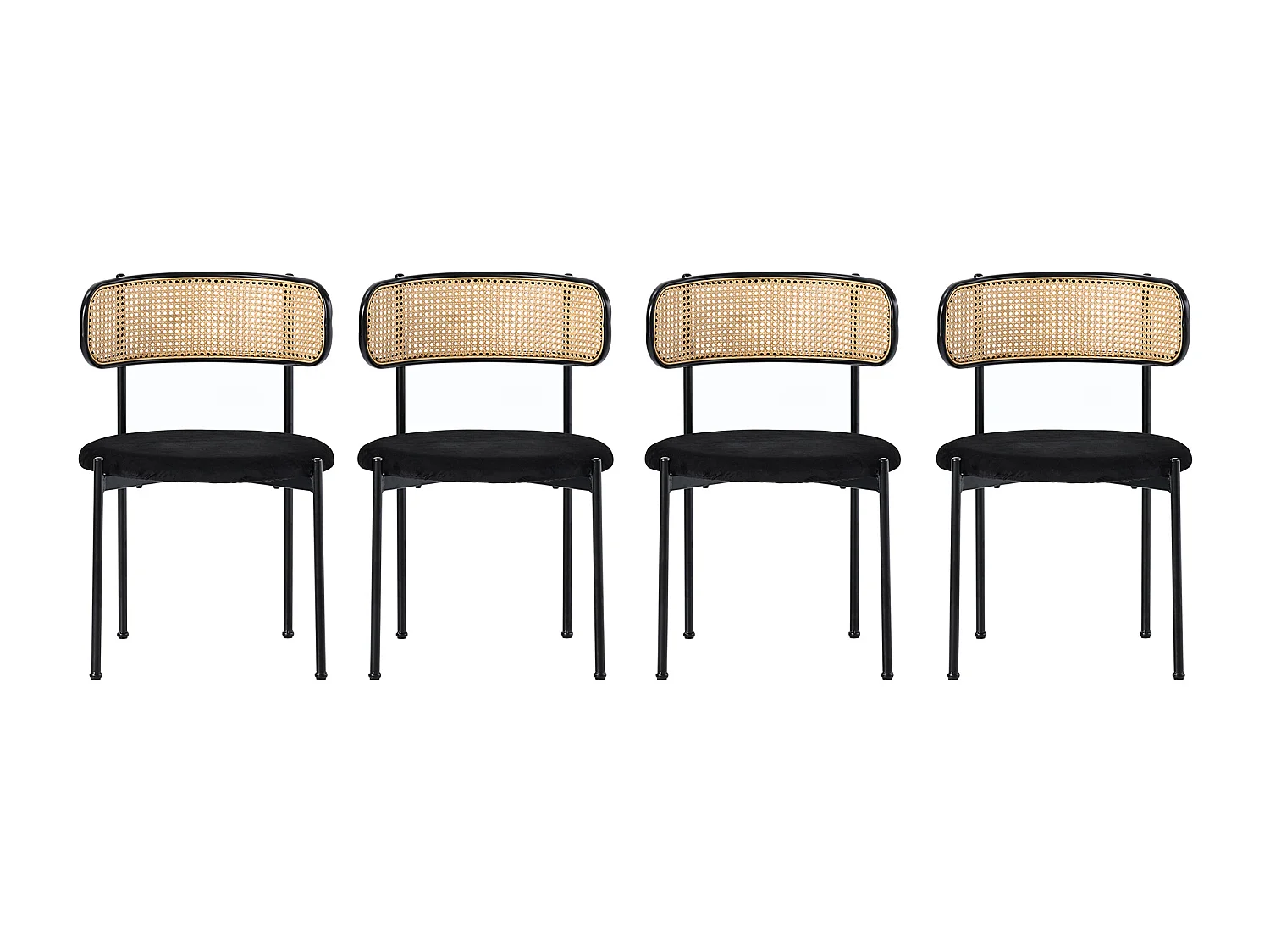 Set of 4 velvet dining chairs - 45 x 40 x 75 cm - with 4 metal legs - rattan bedroom chair - black