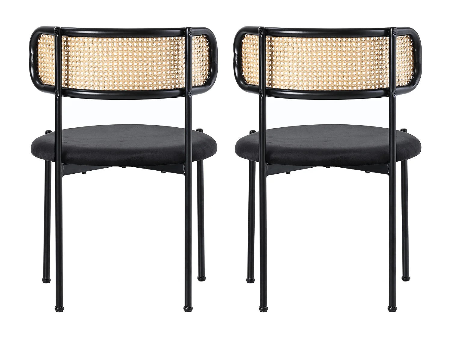 Set of 4 velvet dining chairs - 45 x 40 x 75 cm - with 4 metal legs - rattan bedroom chair - black
