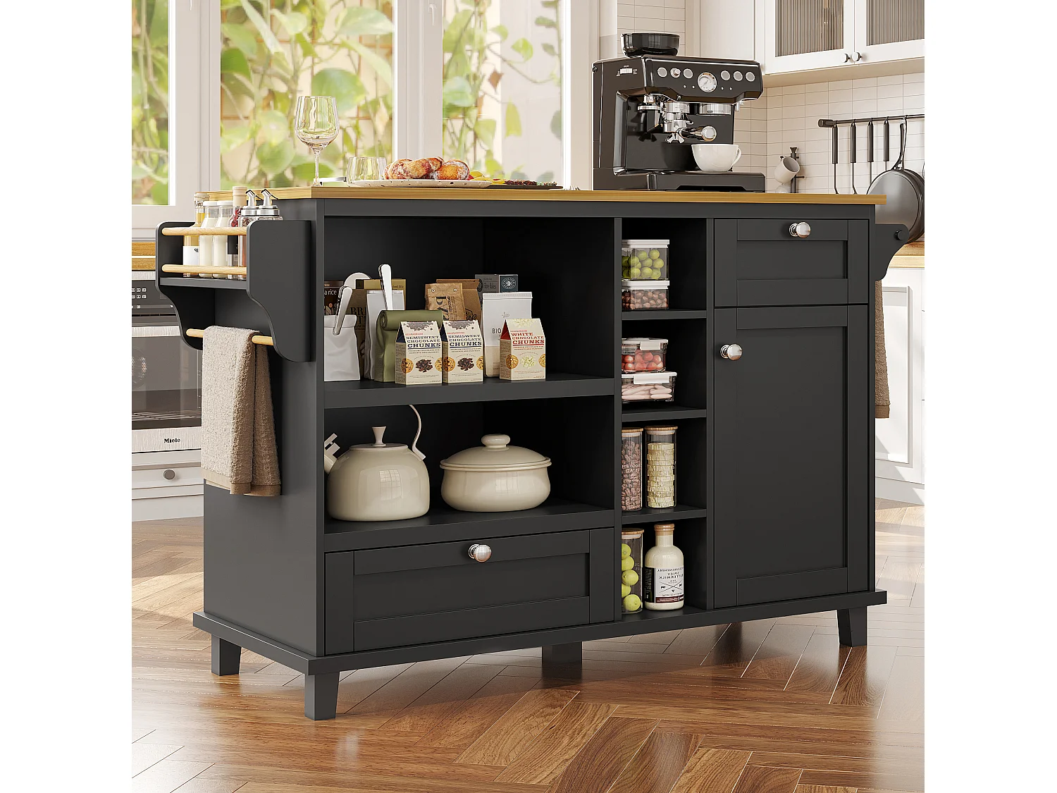 Mobile kitchen island with 1 door + 2 drawers and open storage shelves - 129 x 46 x 92 cm - MDF wood - Black