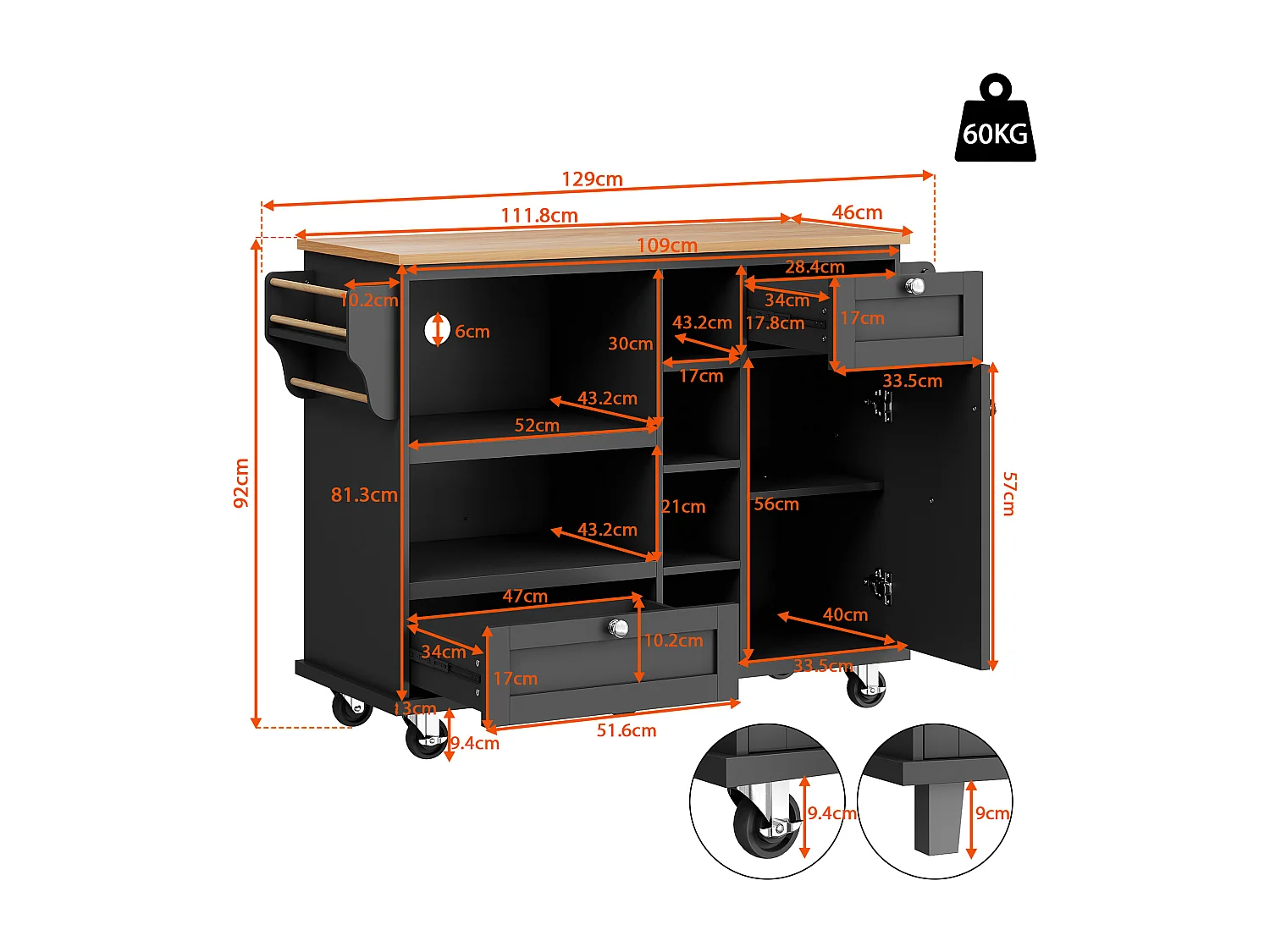 Mobile kitchen island with 1 door + 2 drawers and open storage shelves - 129 x 46 x 92 cm - MDF wood - Black