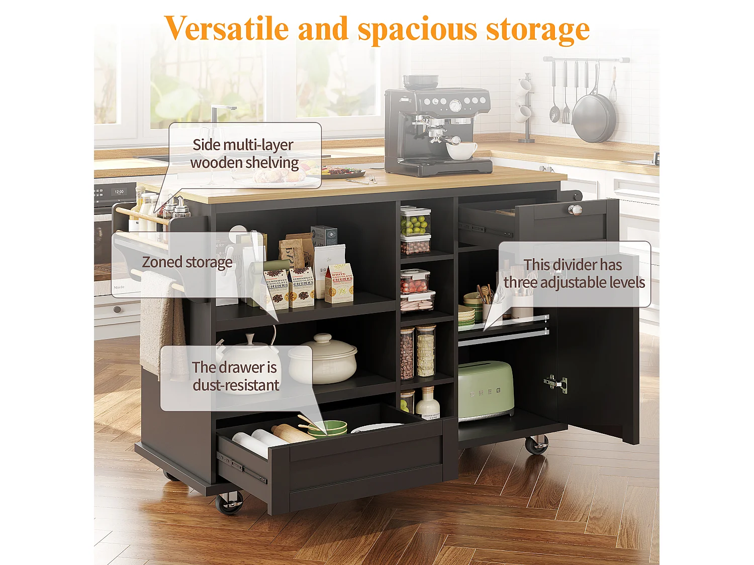 Mobile kitchen island with 1 door + 2 drawers and open storage shelves - 129 x 46 x 92 cm - MDF wood - Black