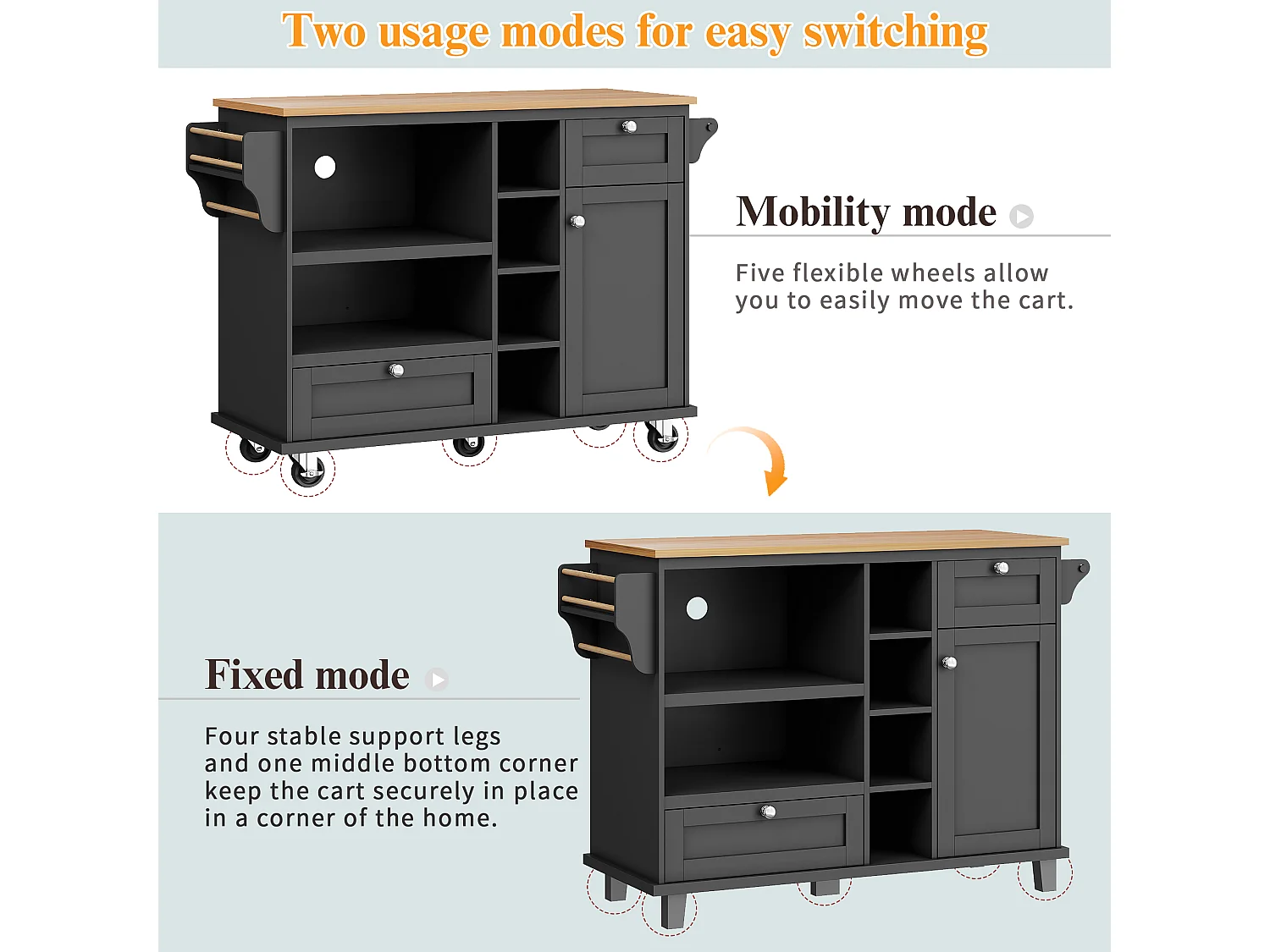 Mobile kitchen island with 1 door + 2 drawers and open storage shelves - 129 x 46 x 92 cm - MDF wood - Black