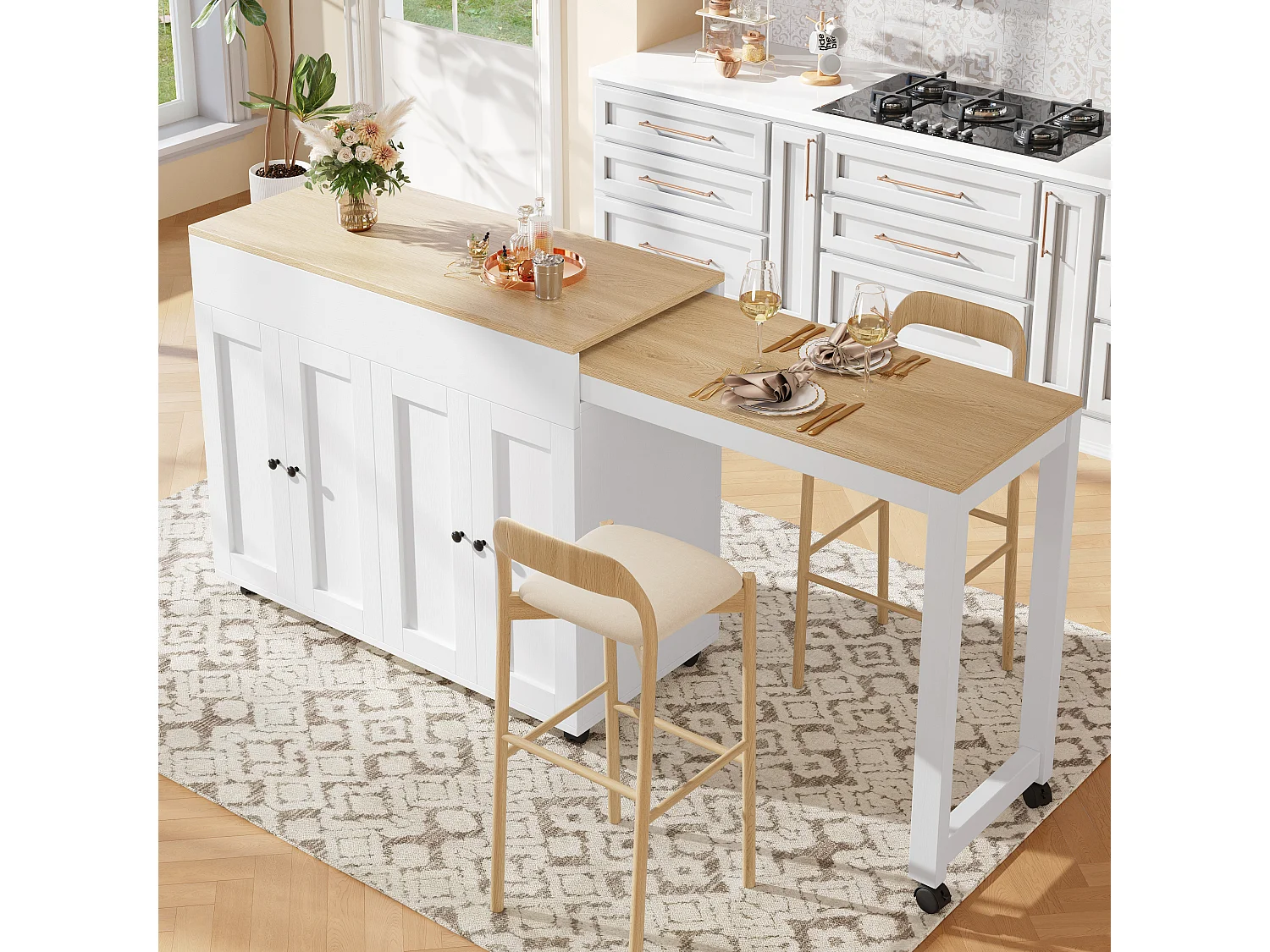 Kitchen island with extendable table and 4 doors - 118/180 x 50 x 94 cm - MDF - White