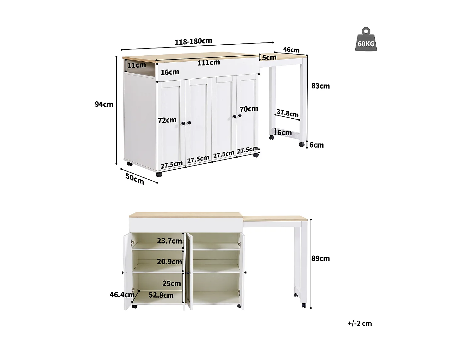 Kitchen island with extendable table and 4 doors - 118/180 x 50 x 94 cm - MDF - White