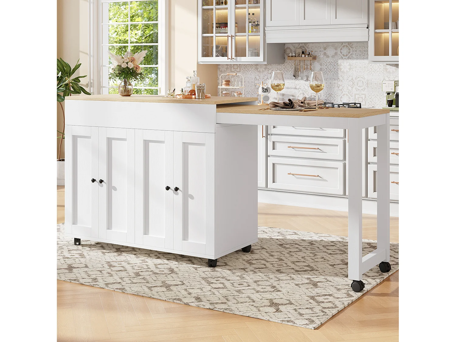 Kitchen island with extendable table and 4 doors - 118/180 x 50 x 94 cm - MDF - White