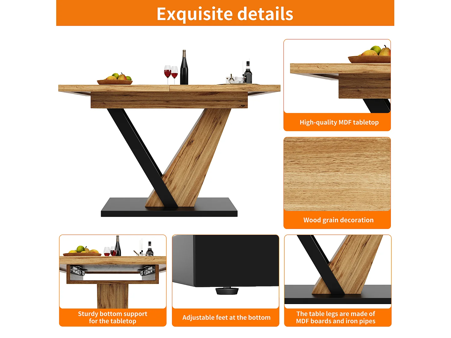 Extendable dining table - 120/160 x 75 x 75.5 cm - for kitchen and living room - MDF + metal - natural