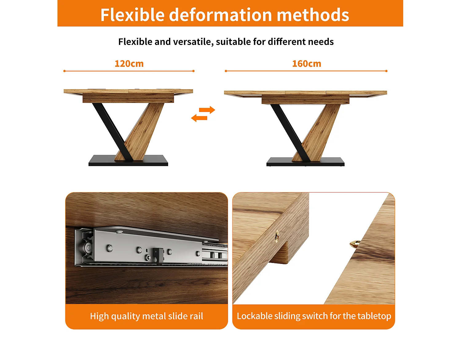 Extendable dining table - 120/160 x 75 x 75.5 cm - for kitchen and living room - MDF + metal - natural