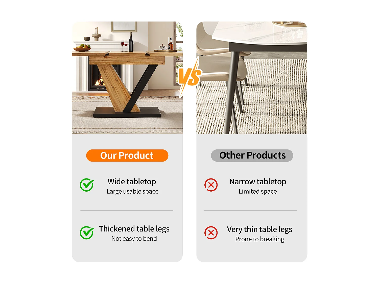 Extendable dining table - 120/160 x 75 x 75.5 cm - for kitchen and living room - MDF + metal - natural