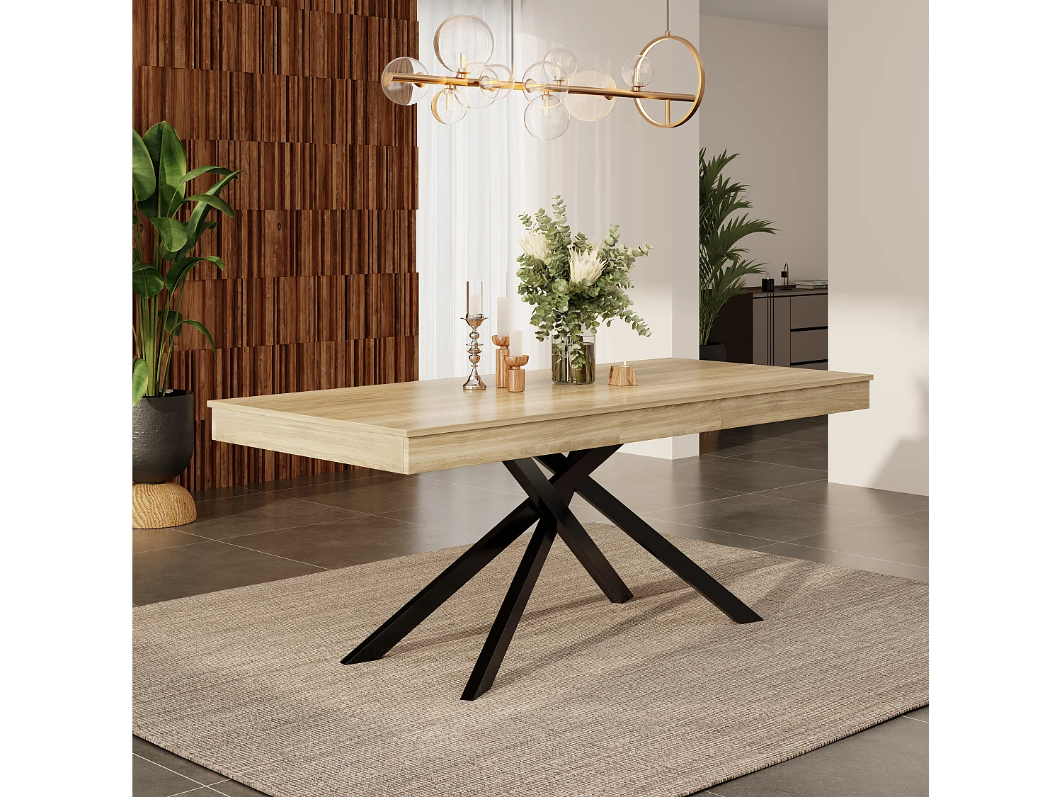 Extendable dining table - 140/180 x 80 x 76 cm - for 6 to 8 people - metal legs - MDF - natural