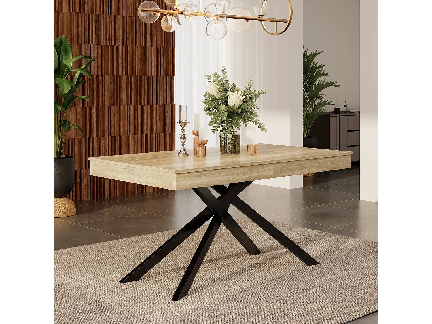 Extendable dining table - 140/180 x 80 x 76 cm - for 6 to 8 people - metal legs - MDF - natural
