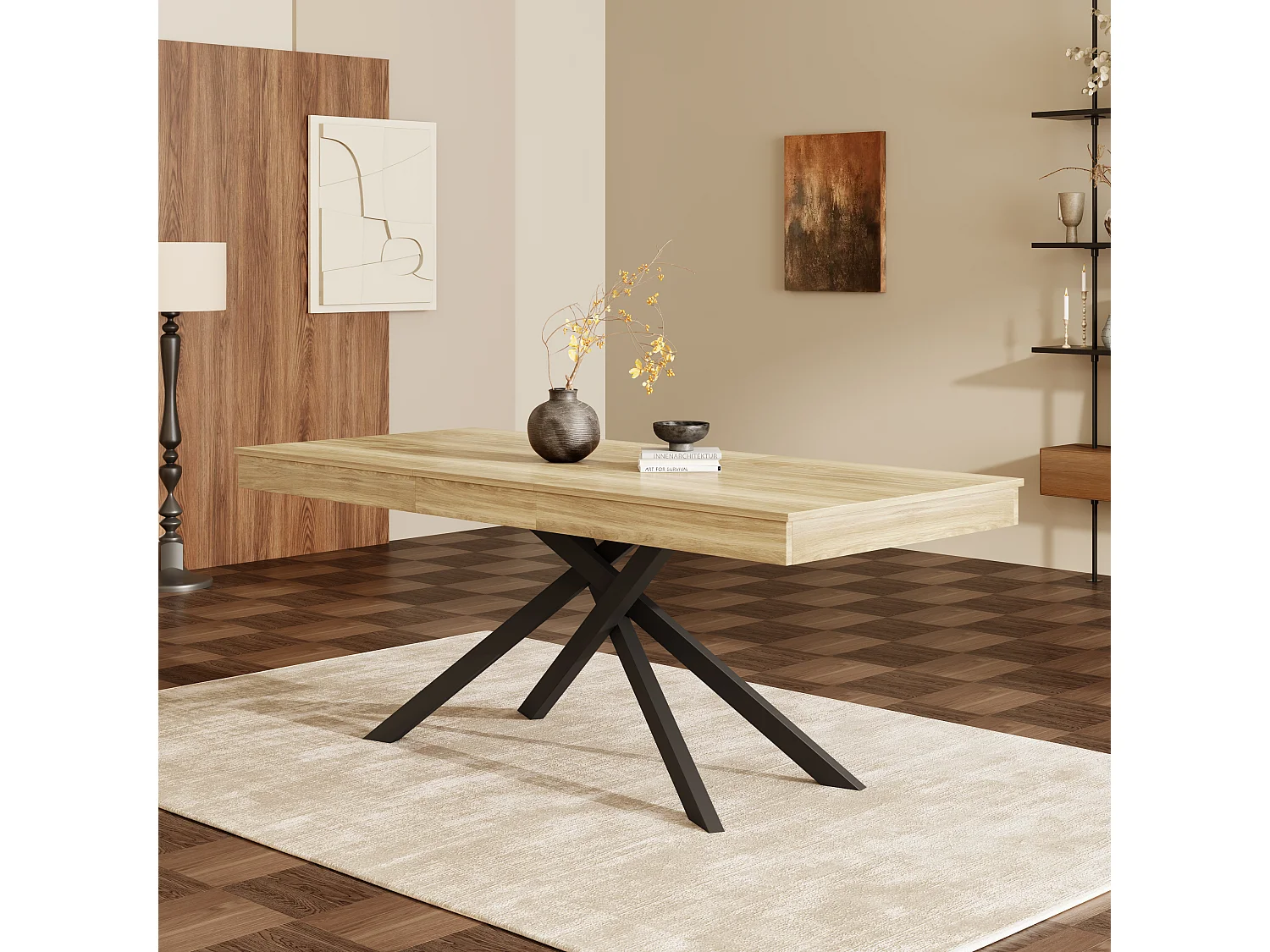 Extendable dining table - 140/180 x 80 x 76 cm - for 6 to 8 people - metal legs - MDF - natural