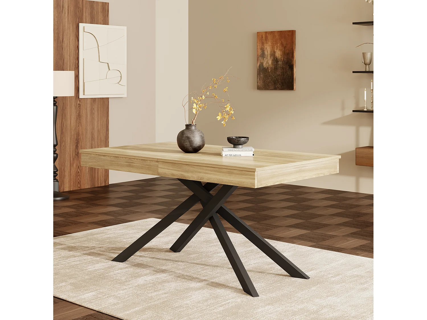 Extendable dining table - 140/180 x 80 x 76 cm - for 6 to 8 people - metal legs - MDF - natural