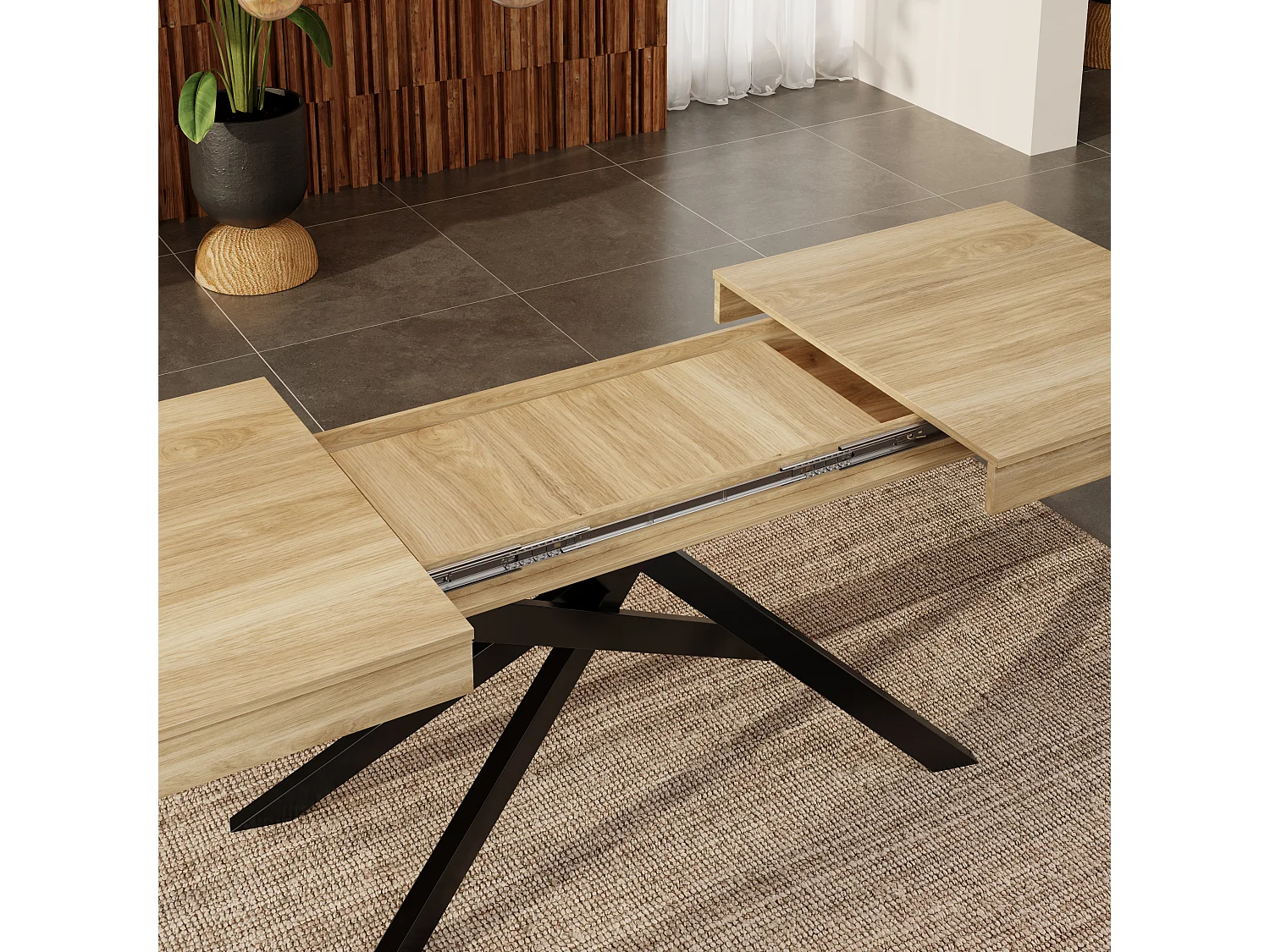 Extendable dining table - 140/180 x 80 x 76 cm - for 6 to 8 people - metal legs - MDF - natural
