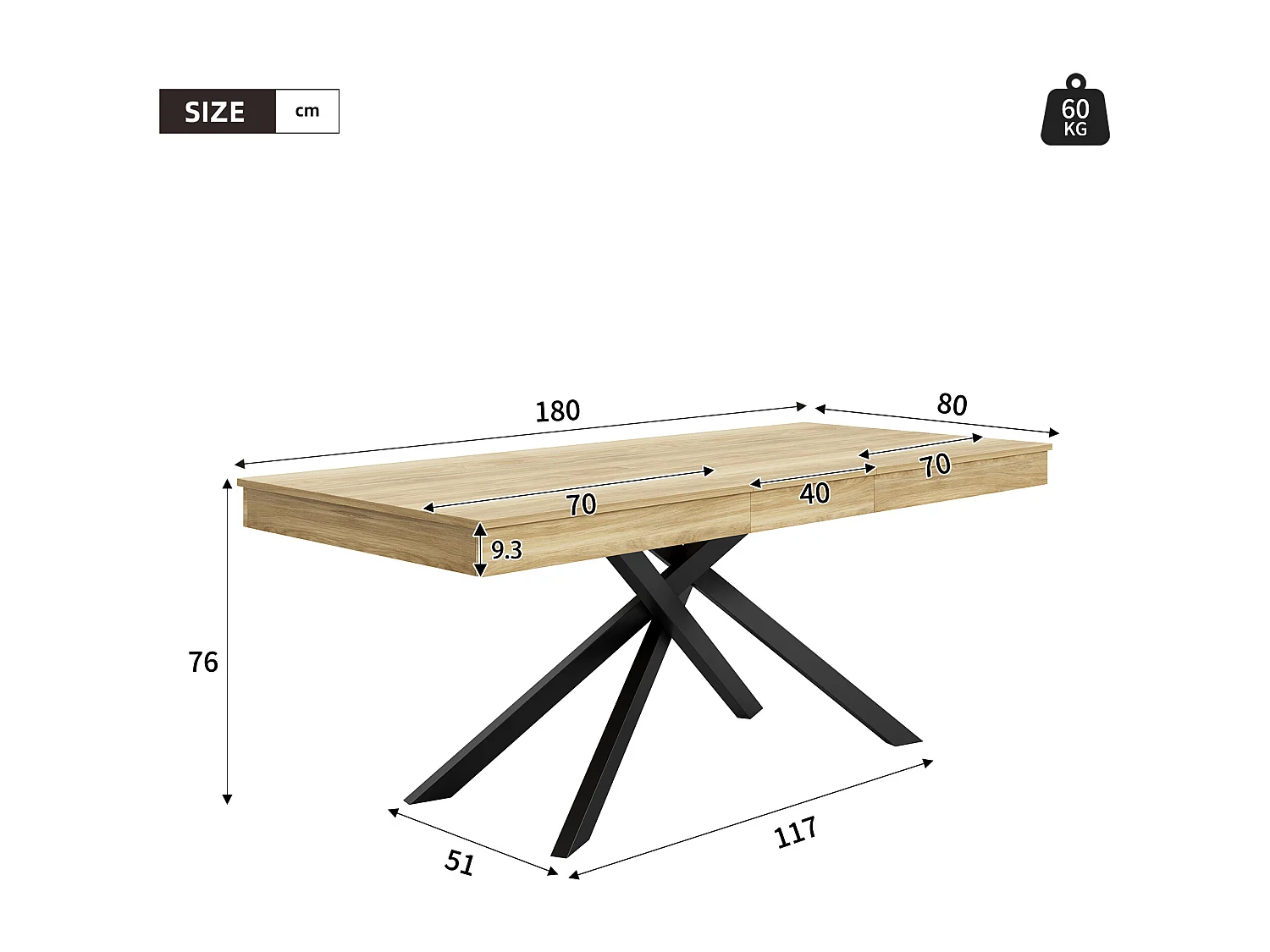 Extendable dining table - 140/180 x 80 x 76 cm - for 6 to 8 people - metal legs - MDF - natural