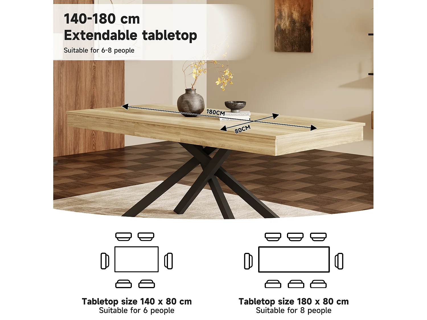 Extendable dining table - 140/180 x 80 x 76 cm - for 6 to 8 people - metal legs - MDF - natural