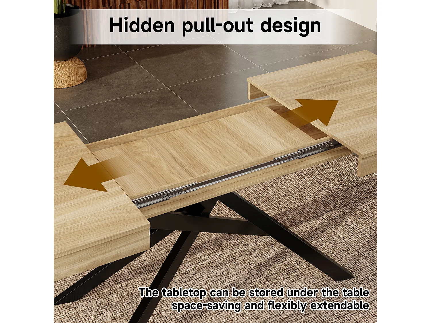Extendable dining table - 140/180 x 80 x 76 cm - for 6 to 8 people - metal legs - MDF - natural