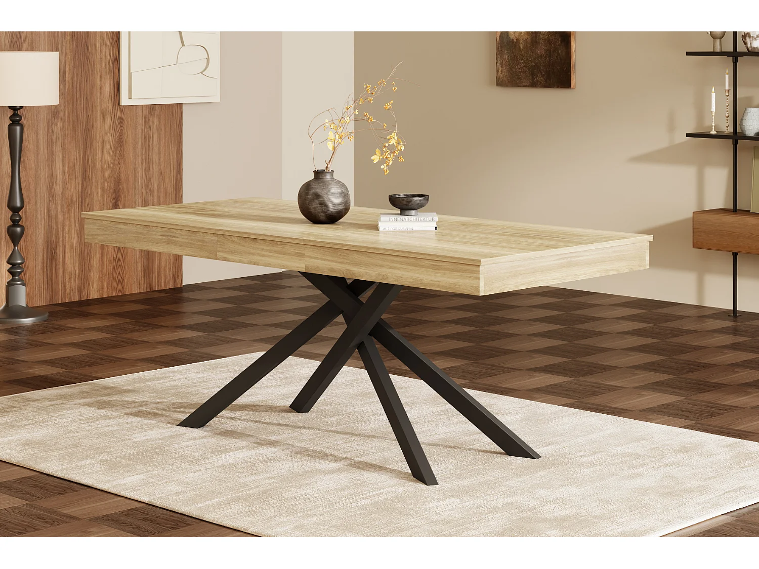Extendable dining table - 140/180 x 80 x 76 cm - for 6 to 8 people - metal legs - MDF - natural