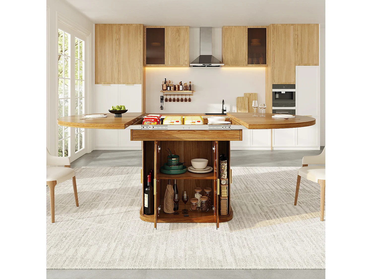Extendable dining table for 6 people - 118/158 x 118 x 77 cm - with 3 doors + shelves - MDF - natural