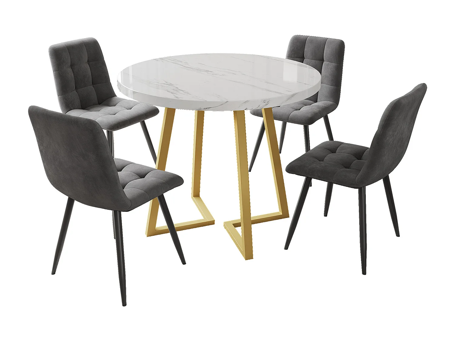 Dining table and chair set (5 pieces) - 1 table with 4 chairs - gold legs - velvet + MDF - white + grey