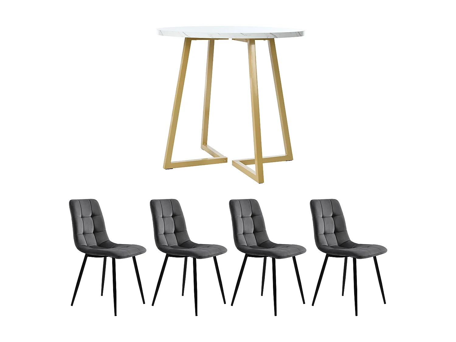 Dining table and chair set (5 pieces) - 1 table with 4 chairs - gold legs - velvet + MDF - white + grey