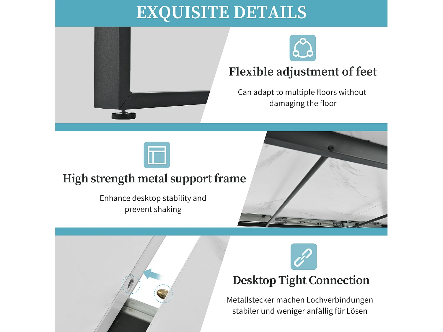 Extendable dining table for 4 to 8 place settings - 140/180 x 80 x 75 cm - made of MDF and metal - White and black