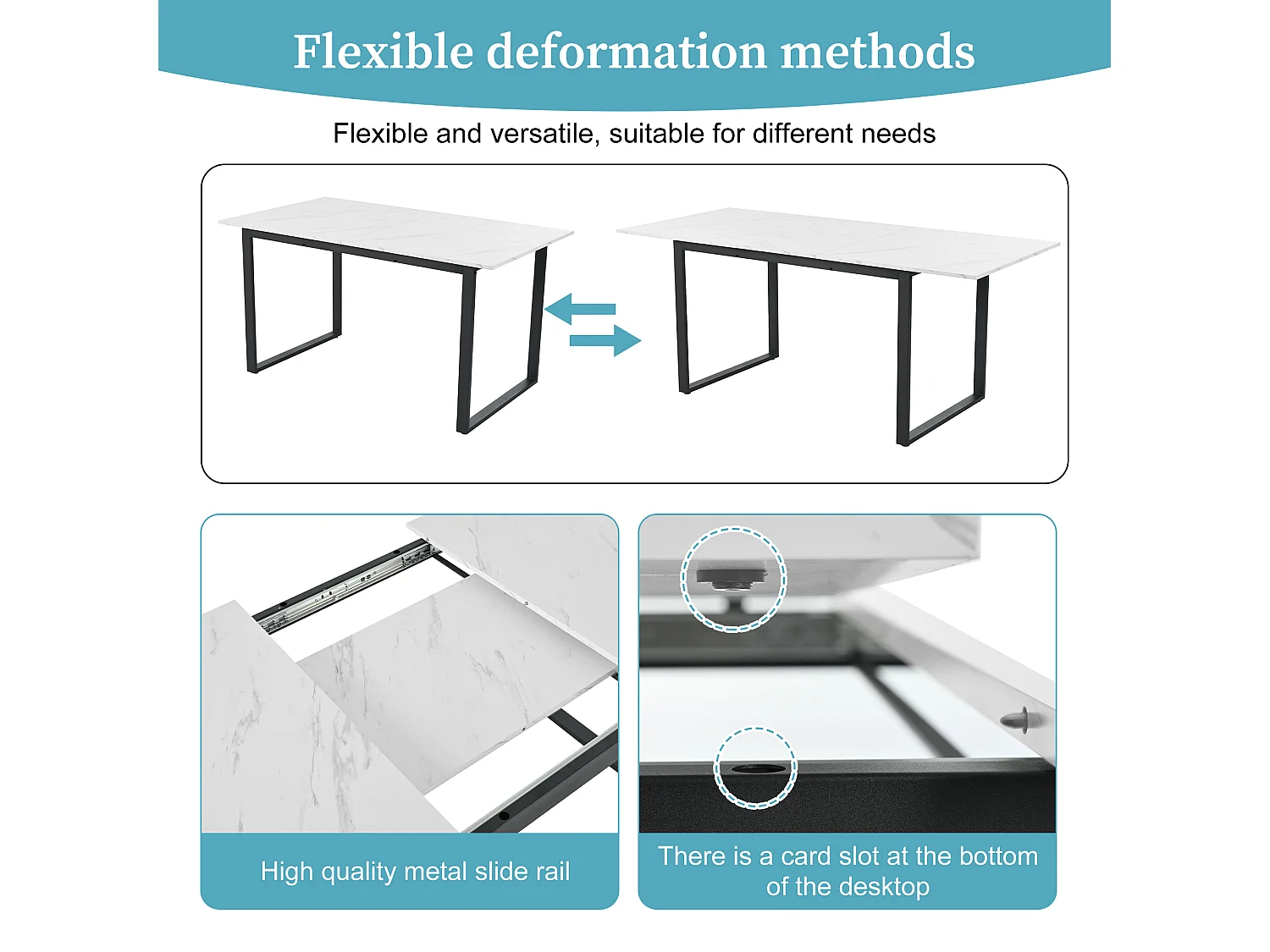 Extendable dining table for 4 to 8 place settings - 140/180 x 80 x 75 cm - made of MDF and metal - White and black