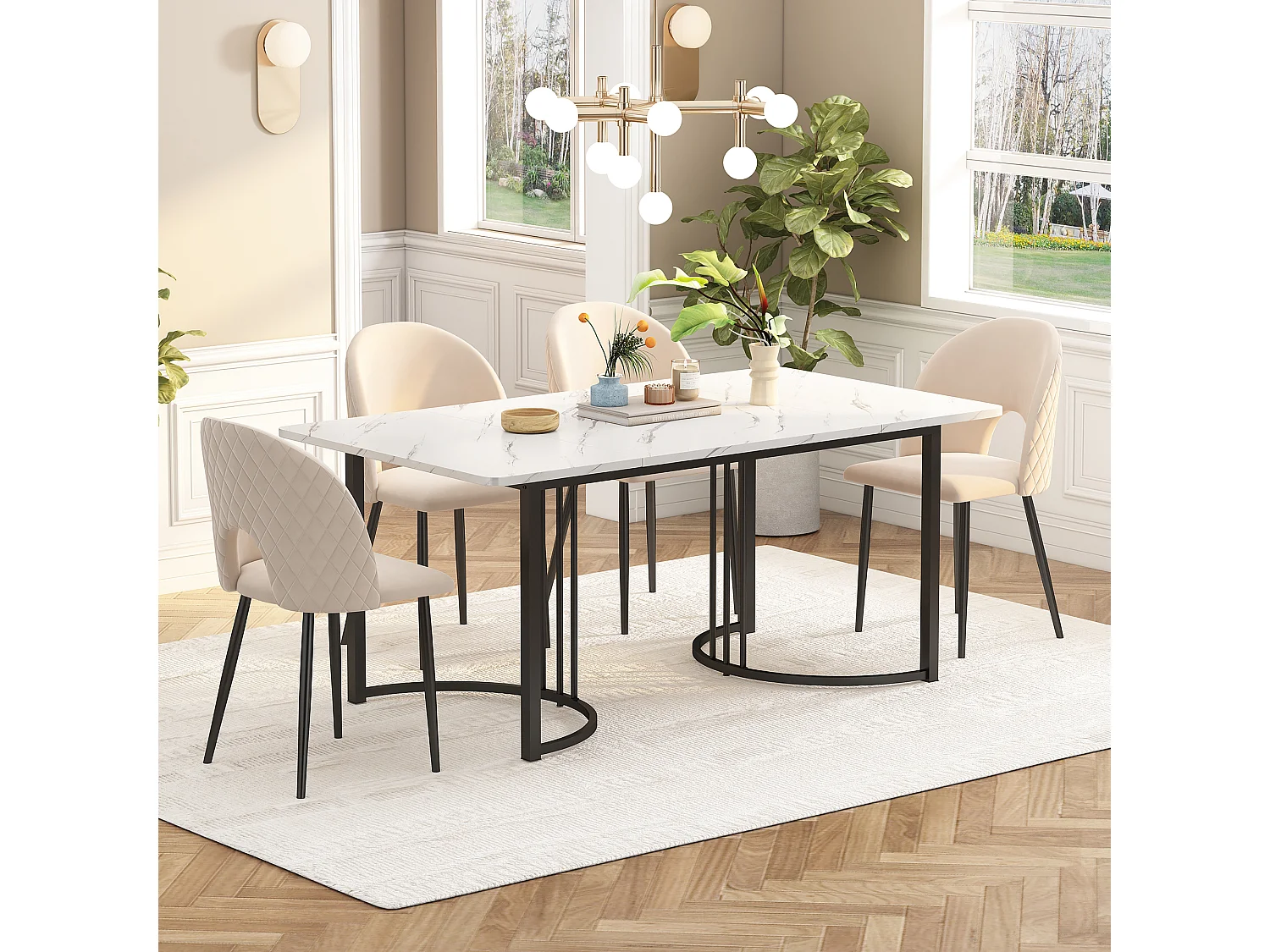 Modern dining table - 140 x 80 x 75 cm - with marble pattern + adjustable feet - MDF - white
